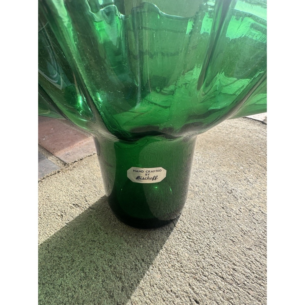 VTG Bischoff Kingstown Blown Glass Fan Vase Ruffled Peacock Green 6" - Picture 2 of 7